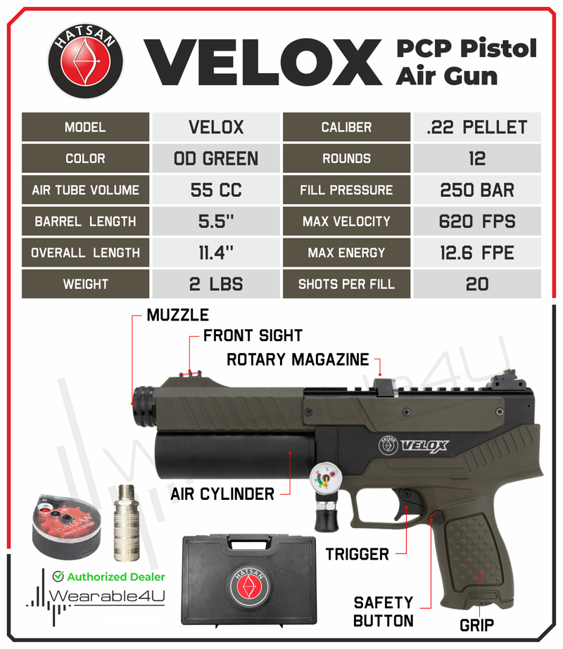 Hatsan Velox PCP Air Pistol OD Green .22 or .25 Cal Semi-Auto, Side Bolt, up to 620 FPS with Wearable4U Bundle