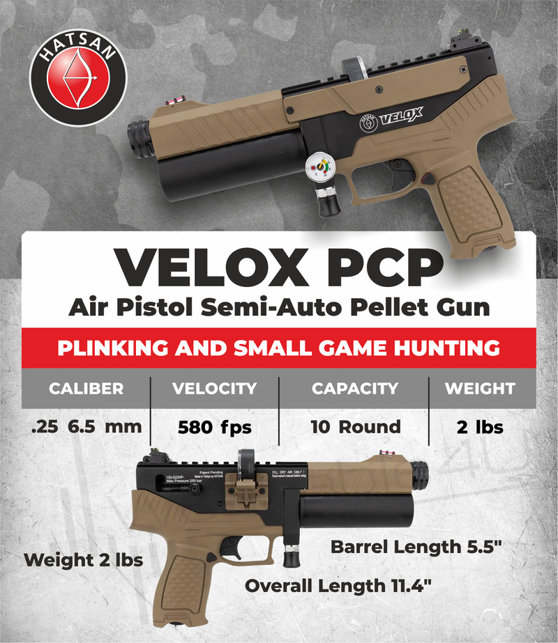 Hatsan Velox PCP Air Pistol .22 or .25 Cal Semi-Auto Pellet Gun, up to 580 FPS, 20 Joules, 12 RDS