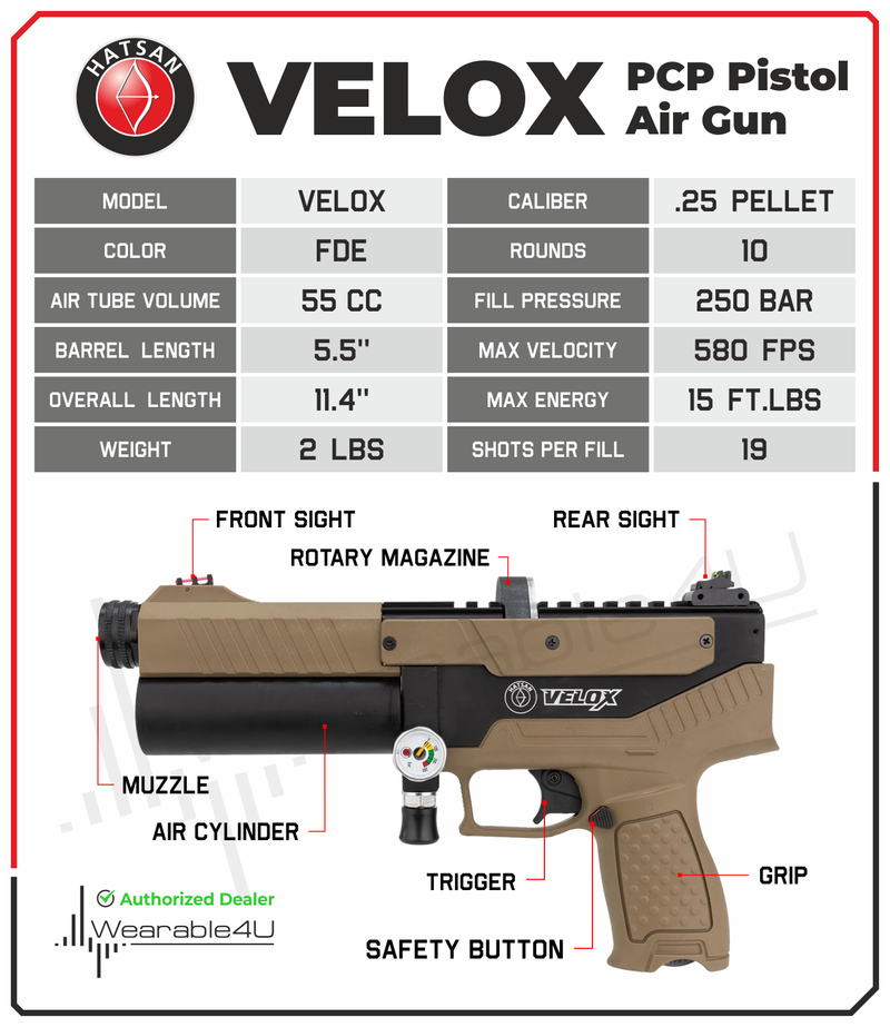 Hatsan Velox PCP Air Pistol .22 or .25 Cal Semi-Auto Pellet Gun, up to 580 FPS, 20 Joules, 12 RDS