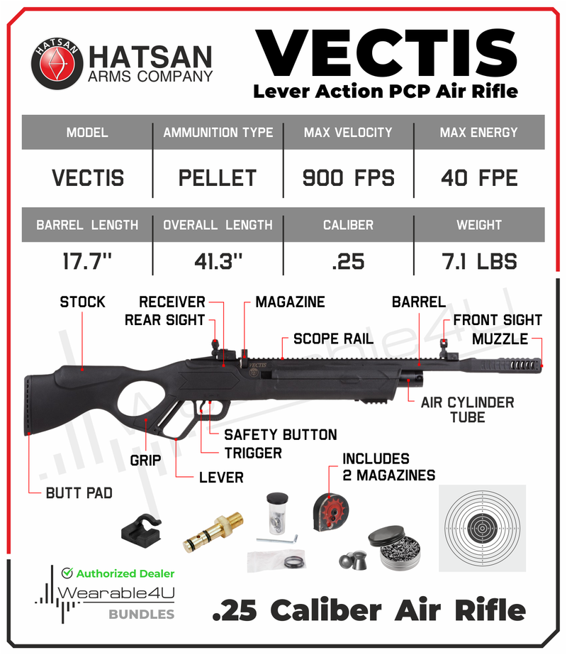 Hatsan Vectis .25 Caliber Lever Action PCP QE Air Rifle with 100x Paper Targets and 150x Pellets Bundle