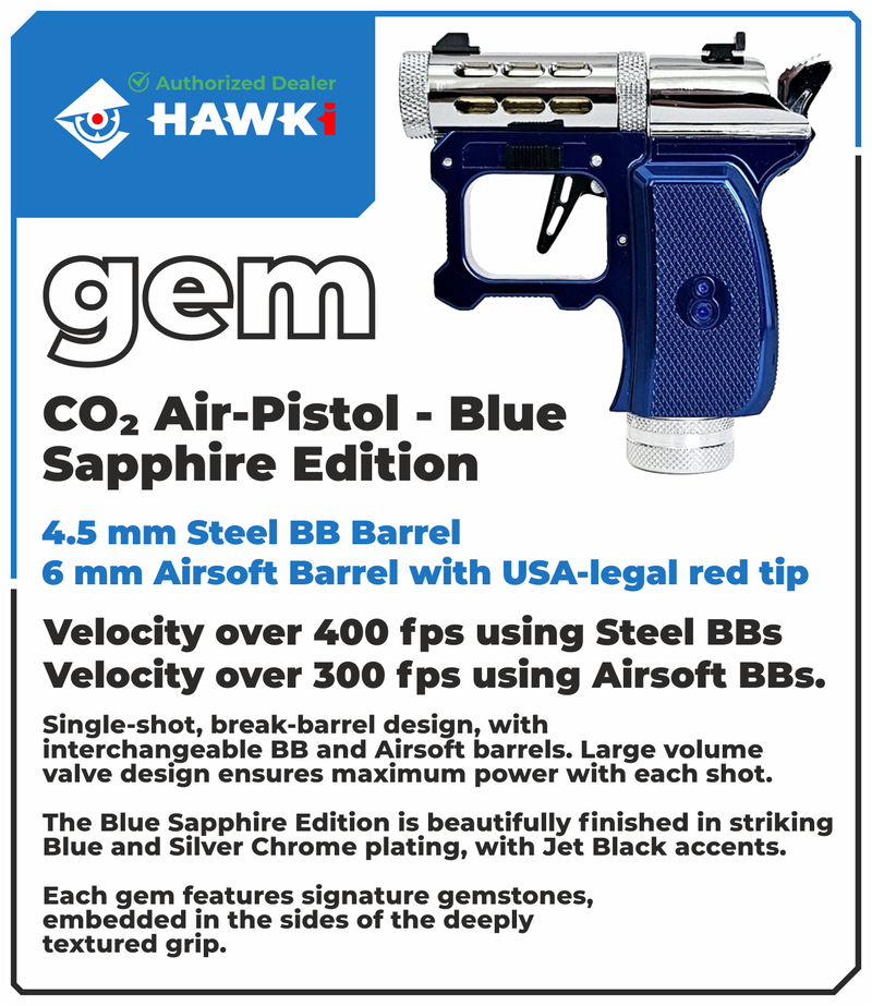 Hawki Gem CO2 .177 cal Air Pistol Blue Sapphire Edition, 1-shot, Single Action, Interchangeable Barrels, 400+ FPS, Chrome Finish, Gemstone Grip (Hi-G-AirGun-Blue)