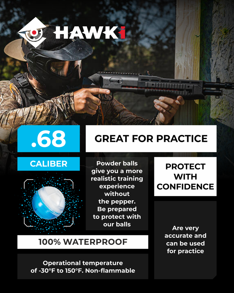 Hawki .43 Cal or .50 Cal or .68 Cal Powder Training Balls Non-Lethal for Paintball Guns, Great for Practice