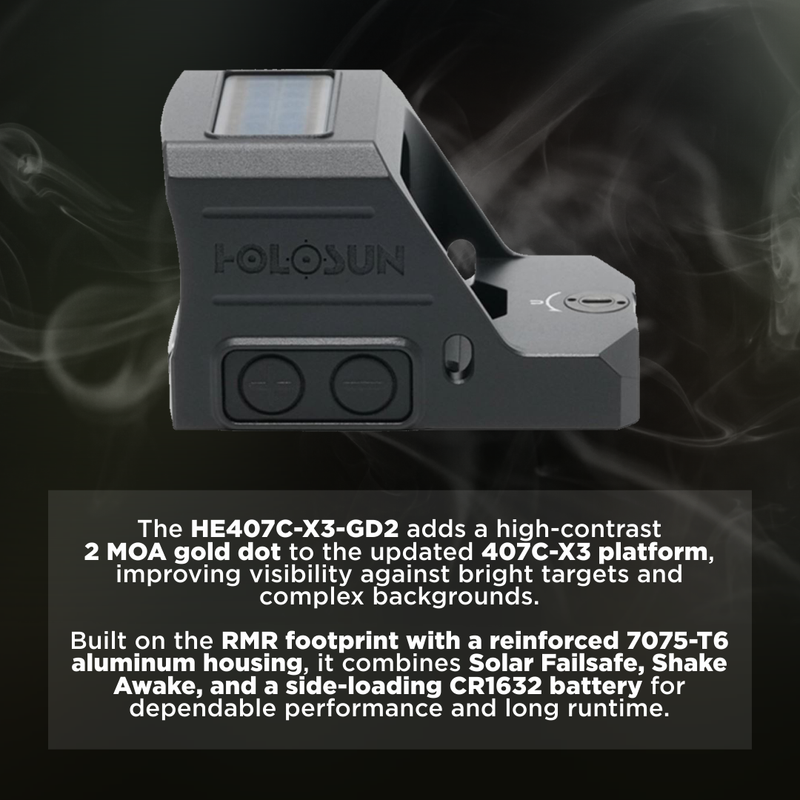 Holosun 7075-T6 Aluminum, Open, Solar, Shake Awake Gold 2 MOA Gold Dot (HS407C-X3-GD)