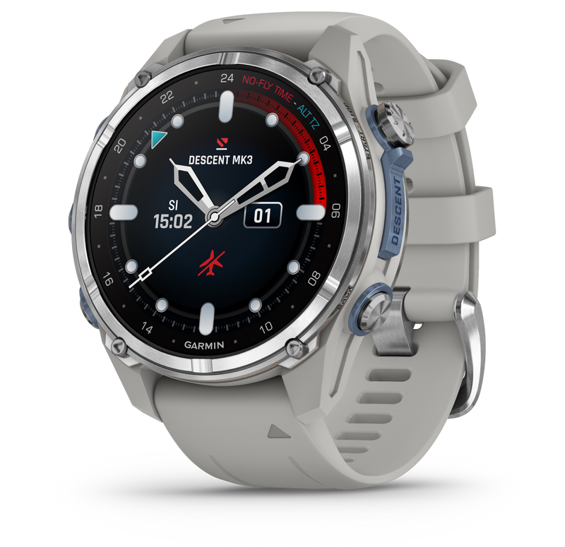 Garmin Descent Mk3 – 43 mm Stainless Steel with Fog Gray Silicone Band Watch-Style Dive Computer (010-02753-03)