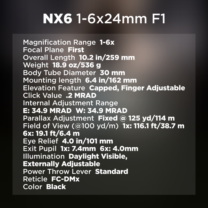 Nightforce NX6 1-6x24mm F1 FC-DMx Lightweight Riflescope (C726)