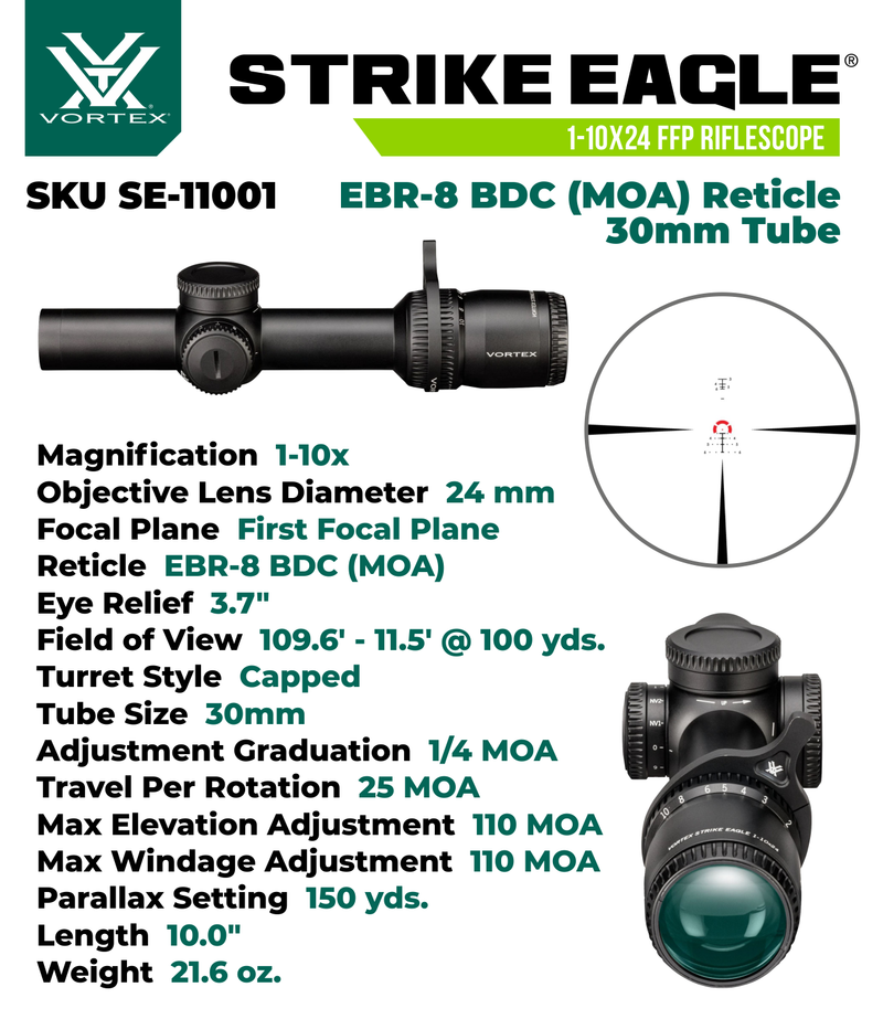 Vortex Optics Strike Eagle 1-10x24 FFP EBR-8 BDC (MOA) Reticle 30mm Tube Riflescope