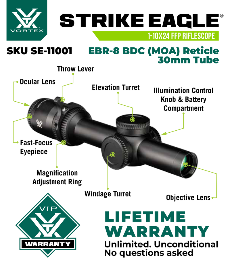 Vortex Optics Strike Eagle 1-10x24 FFP EBR-8 BDC (MOA) Reticle 30mm Tube Riflescope