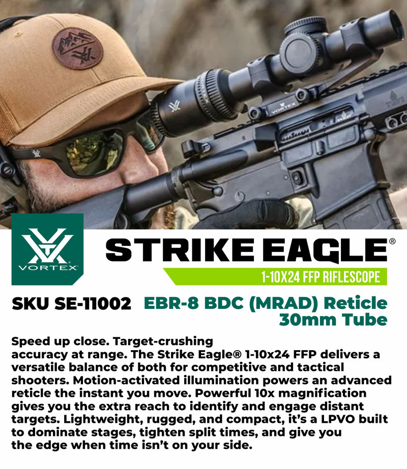 Vortex Optics Strike Eagle 1-10x24 FFP EBR-8 BDC (MRAD) Reticle 30mm Tube Riflescope