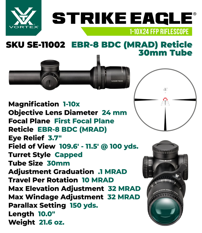 Vortex Optics Strike Eagle 1-10x24 FFP EBR-8 BDC (MRAD) Reticle 30mm Tube Riflescope