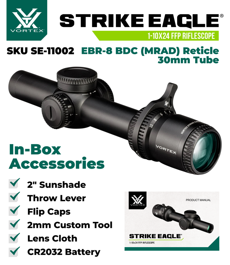 Vortex Optics Strike Eagle 1-10x24 FFP EBR-8 BDC (MRAD) Reticle 30mm Tube Riflescope