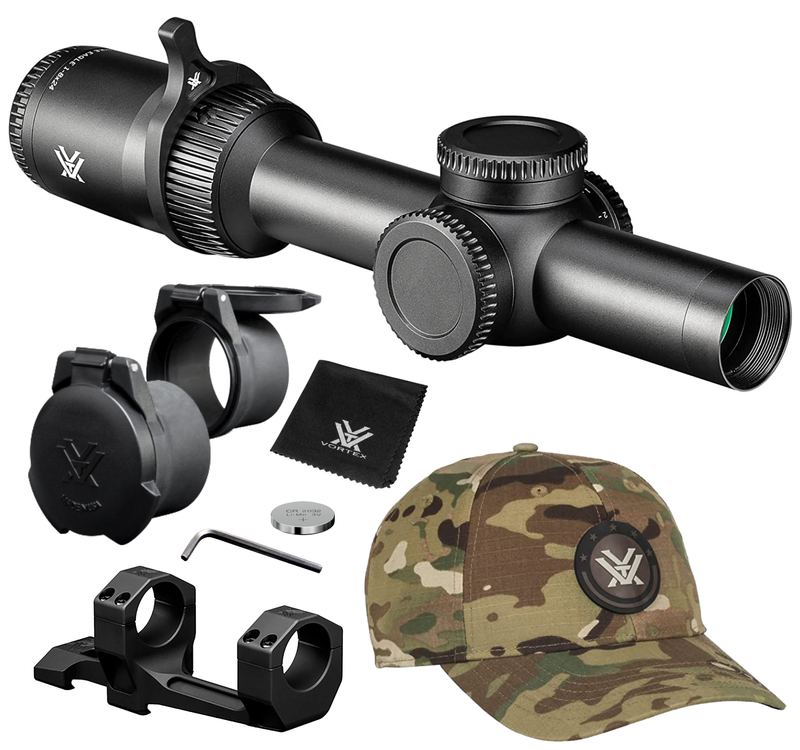 Vortex Optics Strike Eagle 1-8x24 EBR-8 MOA 30mm Riflescope with Vortex Optics 30 mm Precision Matched Medium Rings (0.97in) (Picatinny or  Weaver) or with Precision Extended Cantilever Mount 30 mm and with Vortex Optics Free Hat Bundle