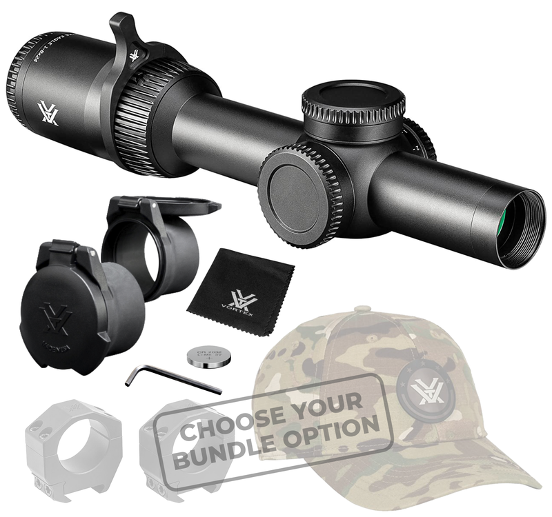 Vortex Optics Strike Eagle 1-8x24 EBR-8 MOA 30mm Riflescope with Vortex Optics 30 mm Precision Matched Medium Rings (0.97in) (Picatinny or  Weaver) or with Precision Extended Cantilever Mount 30 mm and with Vortex Optics Free Hat Bundle