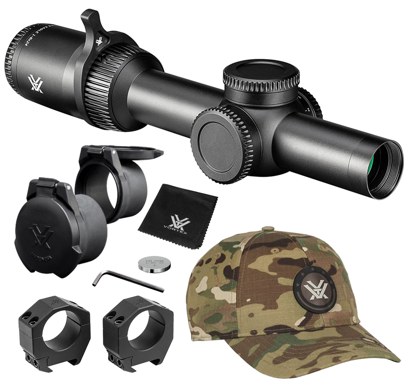 Vortex Optics Strike Eagle 1-8x24 EBR-8 MOA 30mm Riflescope with Vortex Optics 30 mm Precision Matched Medium Rings (0.97in) (Picatinny or  Weaver) or with Precision Extended Cantilever Mount 30 mm and with Vortex Optics Free Hat Bundle