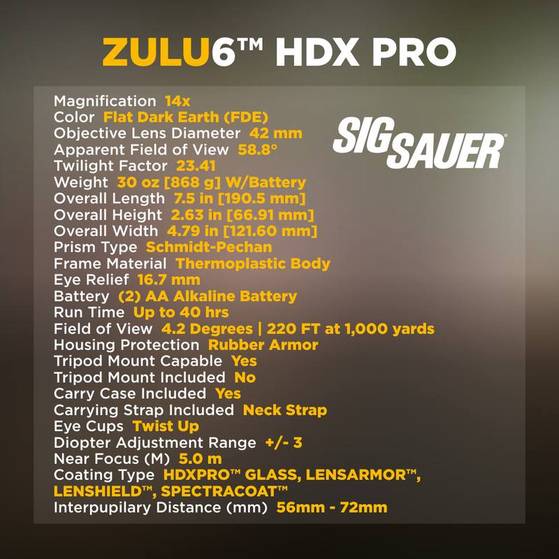 SIG SAUER ZULU6 HDX PRO Ois Binocular, 14x42mm, Image Stabilized, FDE (SOZ6WP1442)