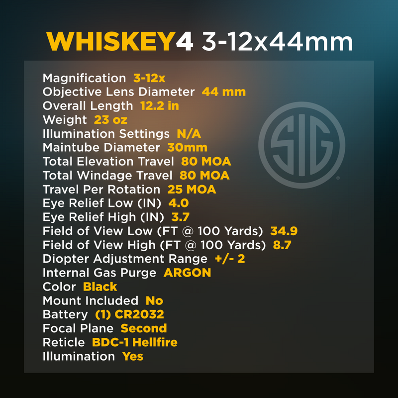 Sig Sauer WHISKEY4 3-12X44MM EXPOSED ZERO STOP ILLUMINATED SFP Riflescope (SOW43002)