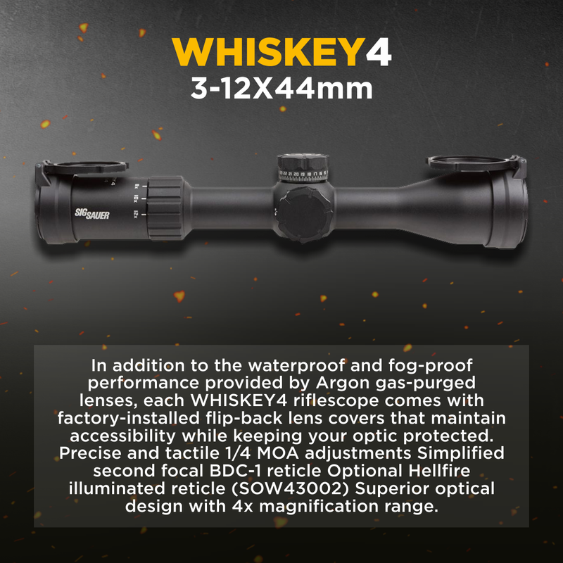 Sig Sauer WHISKEY4 3-12X44mm Exposed Zero Stop Non-Illuminated (SFP) Riflescope (SOW43001)