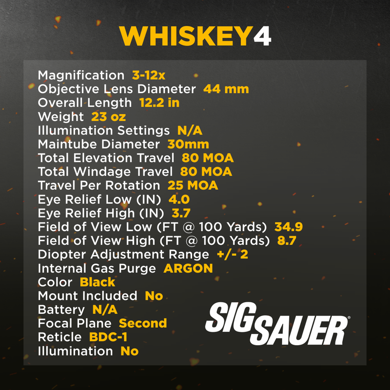 Sig Sauer WHISKEY4 3-12X44mm Exposed Zero Stop Non-Illuminated (SFP) Riflescope (SOW43001)