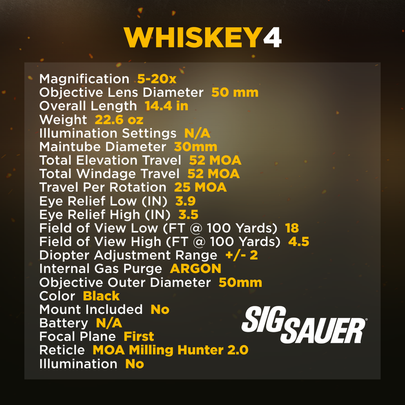 Sig Sauer WHISKEY4 5-20X50mm Exposed Zero Stop Non-Illuminated (FFP) MOA Milling Hunter 2.0 Riflescope (SOW45001)