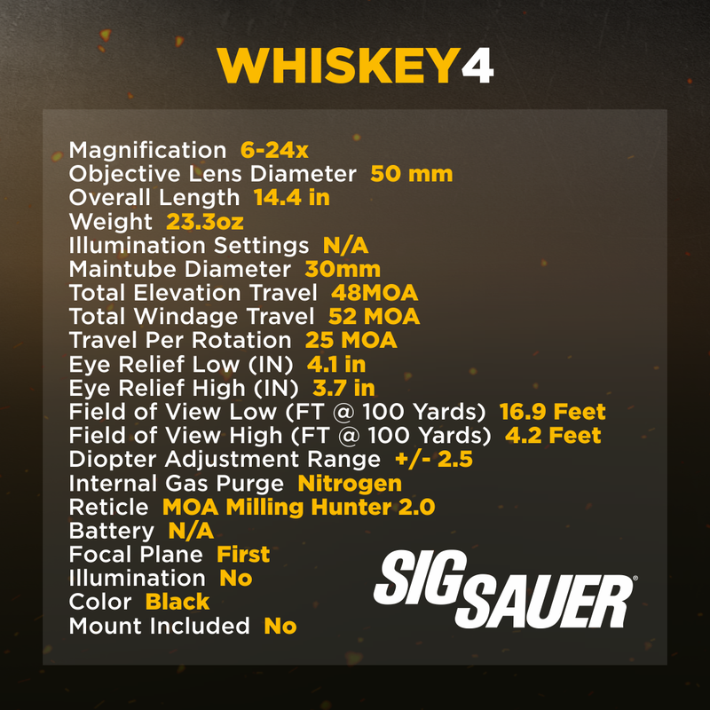 Sig Sauer WHISKEY4 6-24X50mm Non-Illuminated (FFP) MOA Milling Hunter 2.0 Riflescope (SOW46001)