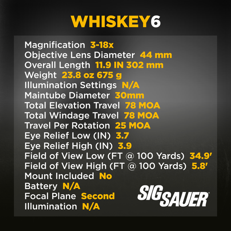 Sig Sauer WHISKEY6 3-18X44mm Multi-Lock Zero Stop (SFP) Quadplex Riflescope (SOW63114)