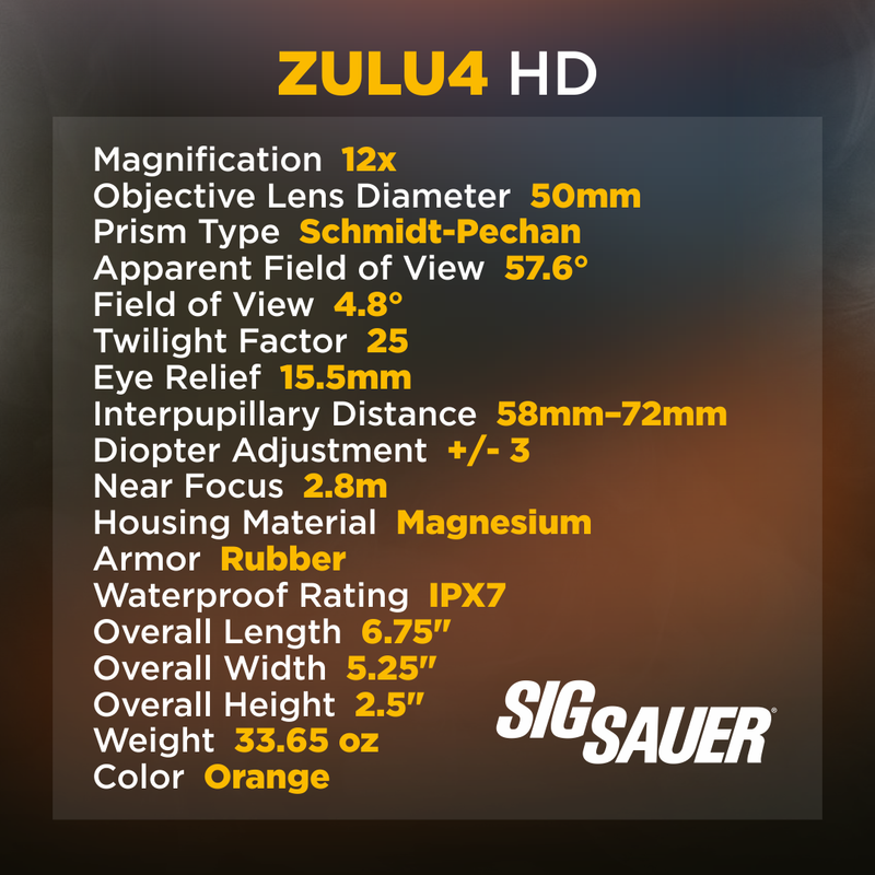 Sig Sauer ZULU4 HD 12x50mm Closed Bridge Orange Binocular (SOZ40002OR)