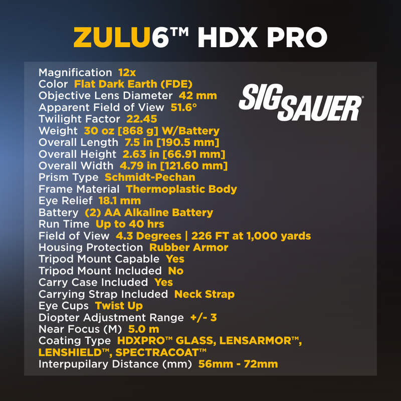 Sig Sauer ZULU6 HDX PRO 12x42mm Image Stabilized Binocular, FDE (SOZ6WP1242)