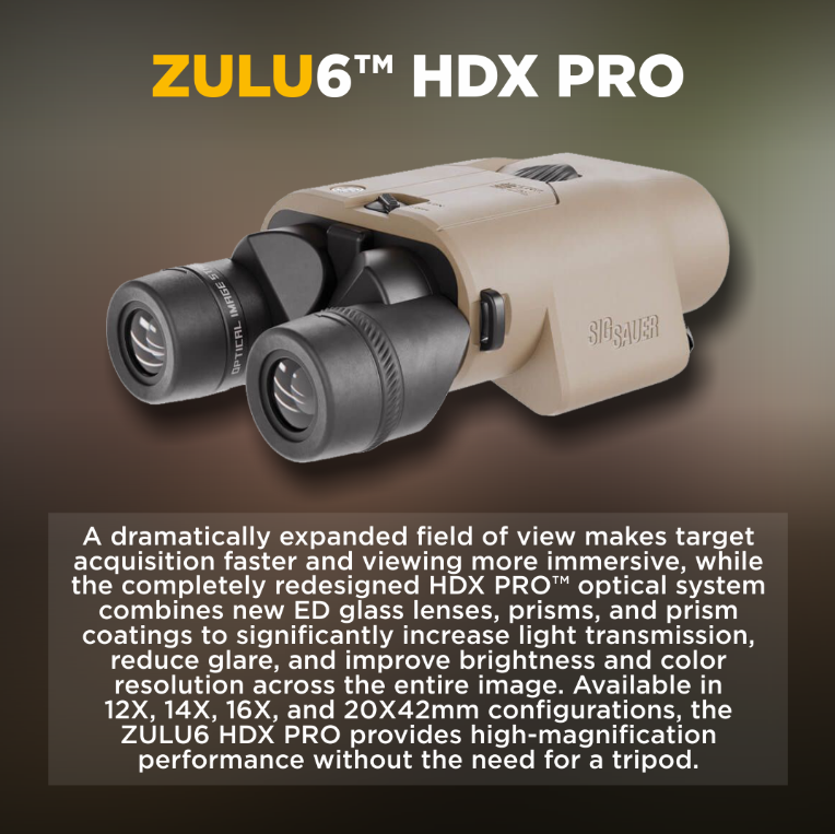 SIG SAUER ZULU6 HDX PRO Ois Binocular, 16x42mm, Image Stabilized, FDE (SOZ6WP1642)