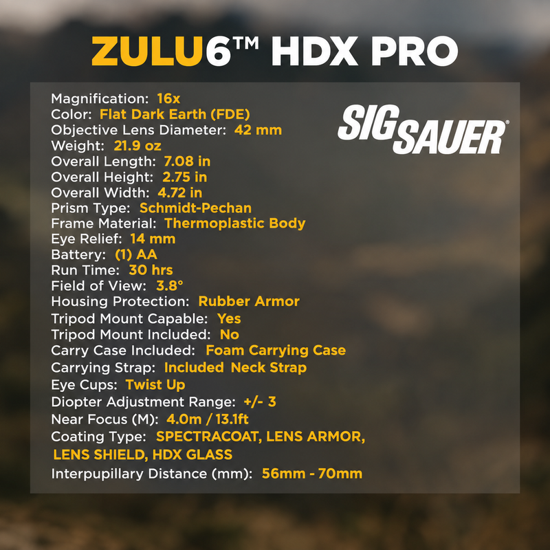 SIG SAUER ZULU6 HDX PRO Ois Binocular, 16x42mm, Image Stabilized, FDE (SOZ6WP1642)