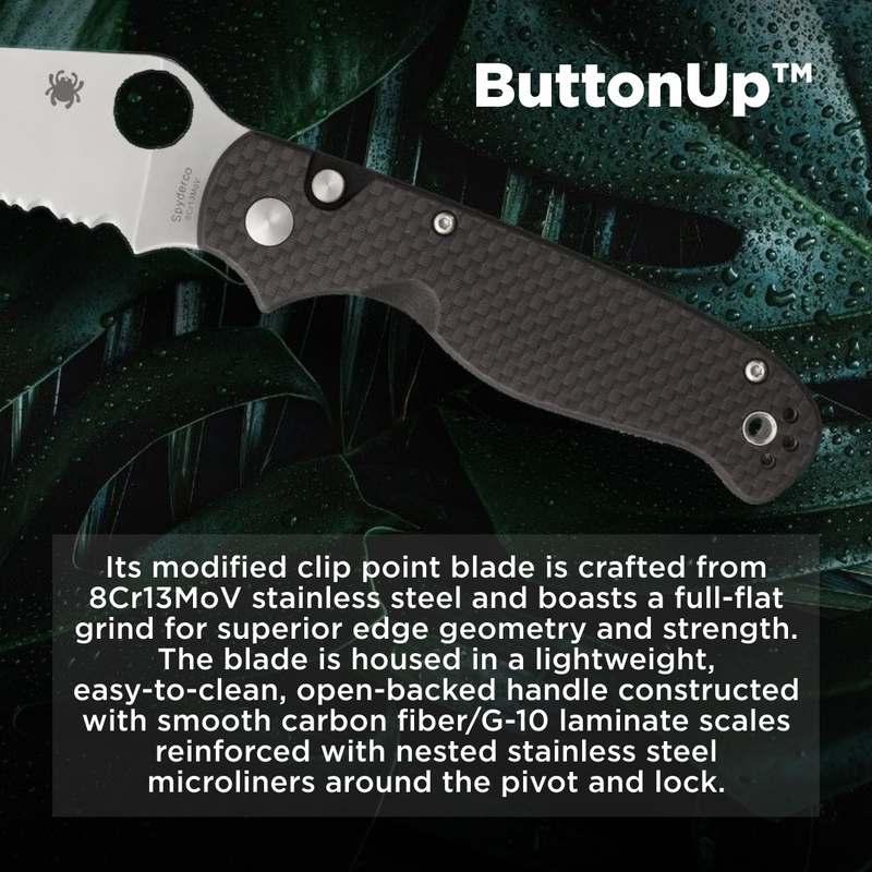 Spyderco ButtonUp Carbon Fiber Combination Edge 3.27" Folding Pocket Knife (C275CFPS)