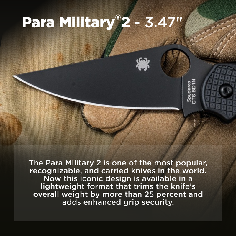 Spyderco Para Military 2 Lightweight Plain Edge 3.47" Black Blade Folding Pocket Knife (C81PBBK2)