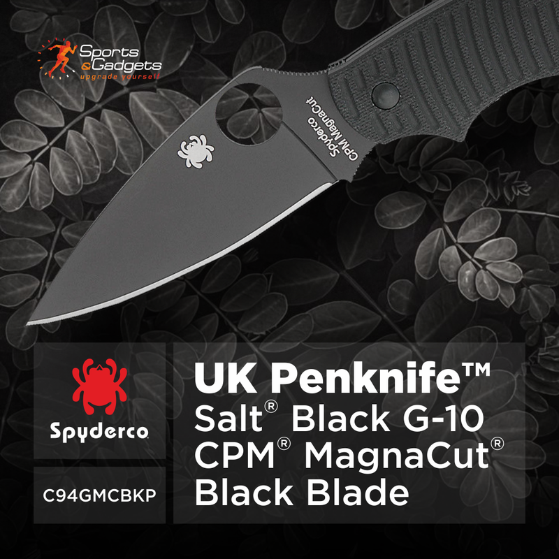 Spyderco UK Penknife Salt Black G-10 CPM MagnaCut 2.95" Plain Edge Black Blade Folding Pocket Knife (C94GMCBKP)