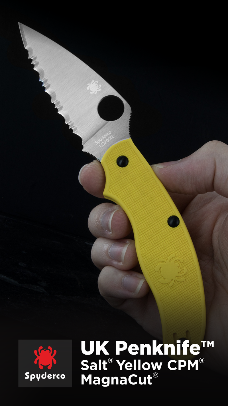 Spyderco UK Penknife Salt Yellow CPM MagnaCut 3.95" Serrated Edge Folding Pocket Knife (C94SYL)