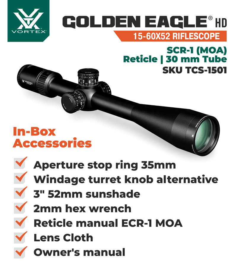 Vortex Optics Golden Eagle HD 15-60x52 Second Focal Plane SCR-1 SFP MOA Riflescope