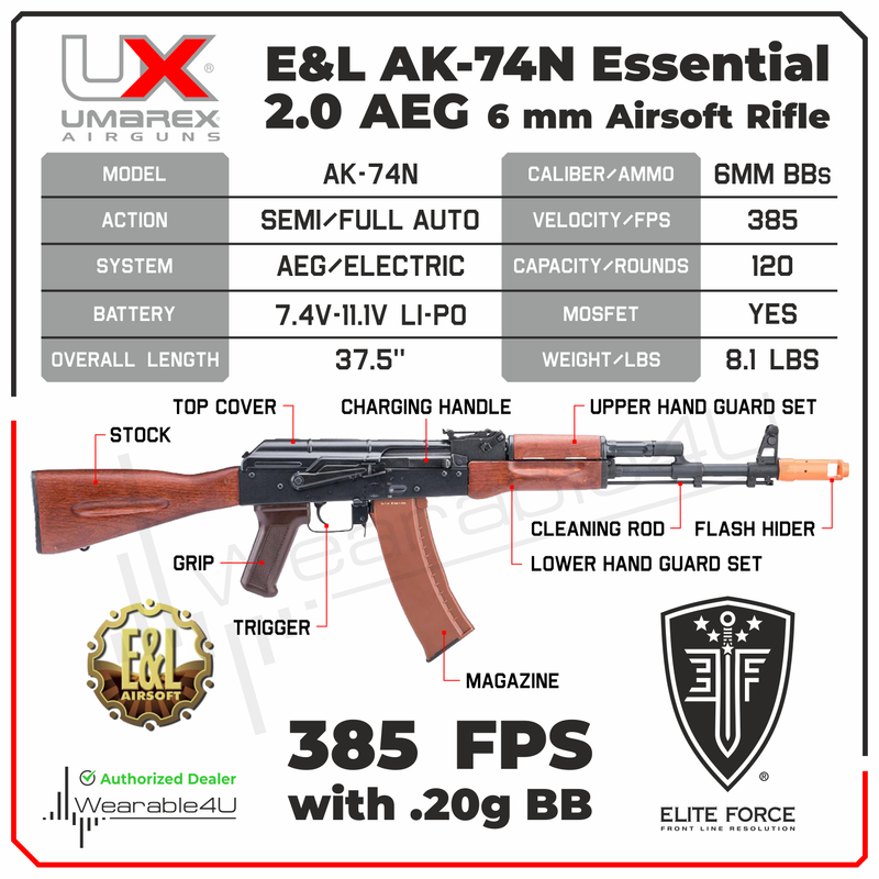 Umarex Elite Force E&L AK-74N Essential 2.0 AEG 6 mm Airsoft Rifle (2277001) w/ Battery & Charger & BBs Bundle