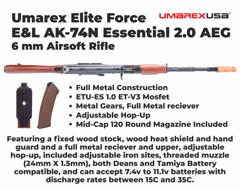 Umarex Elite Force E&L AK-74N Essential 2.0 AEG 6 mm Airsoft Rifle (2277001) w/ Battery & Charger & BBs Bundle