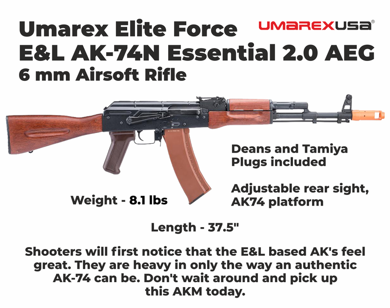 Umarex Elite Force E&L AK-74N Essential 2.0 AEG 6 mm Airsoft Rifle (2277001) w/ Battery & Charger & BBs Bundle