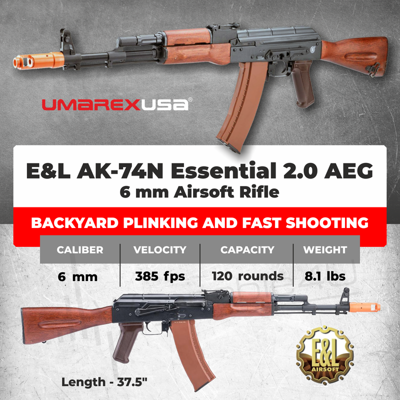 Umarex Elite Force E&L AK-74N Essential 2.0 AEG 6 mm Airsoft Rifle (2277001) w/ Battery & Charger & BBs Bundle