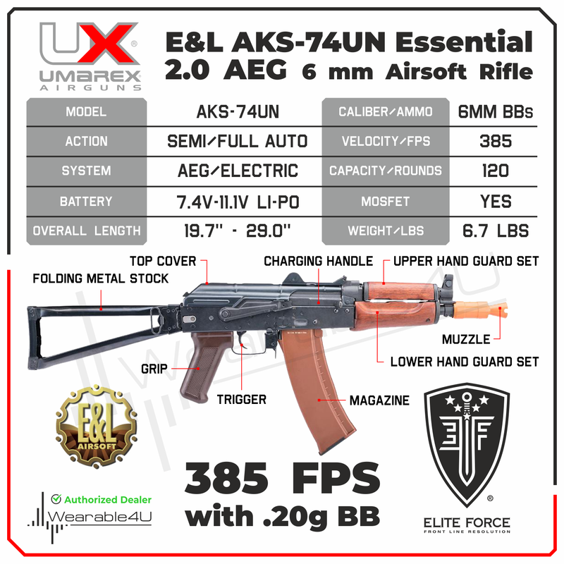 Umarex Elite Force E&L AK-74UN Essential 2.0 AEG 6 mm Airsoft Rifle (2277002) w/ Battery & Charger & BBs Bundle