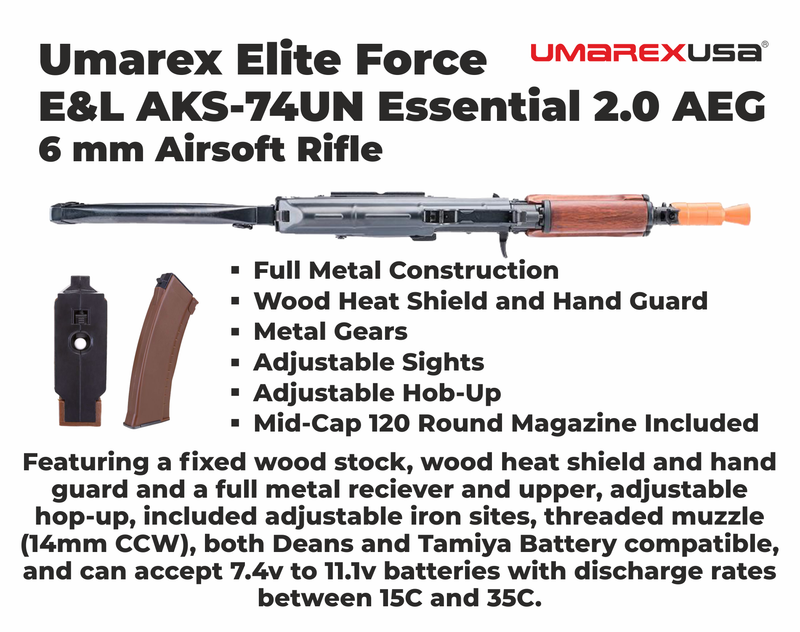 Umarex Elite Force E&L AK-74UN Essential 2.0 AEG 6 mm Airsoft Rifle (2277002) w/ Battery & Charger & BBs Bundle