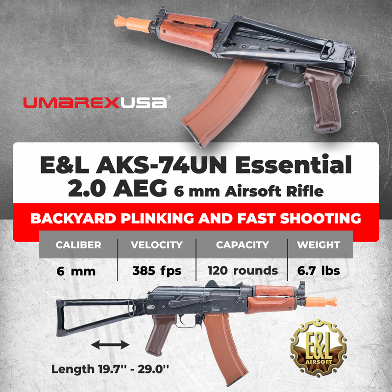 Umarex Elite Force E&L AK-74UN Essential 2.0 AEG 6 mm Airsoft Rifle (2277002) w/ Battery & Charger & BBs Bundle