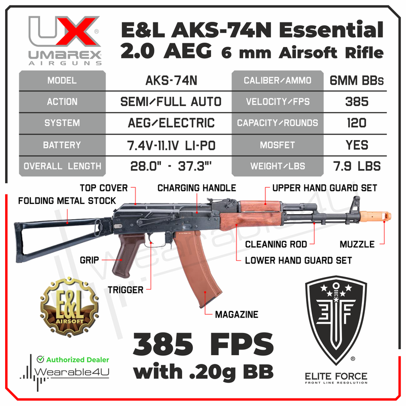 Umarex Elite Force E&L AKS-74N Essential 2.0 AEG 6 mm Airsoft Rifle (2277003) w/ Battery & Charger & BBs Bundle