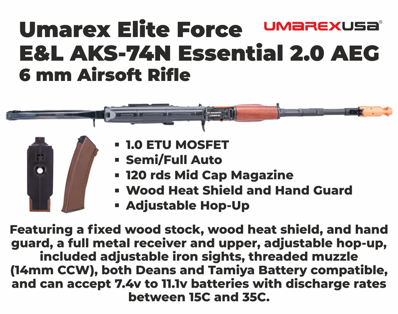 Umarex Elite Force E&L AKS-74N Essential 2.0 AEG 6 mm Airsoft Rifle (2277003) w/ Battery & Charger & BBs Bundle