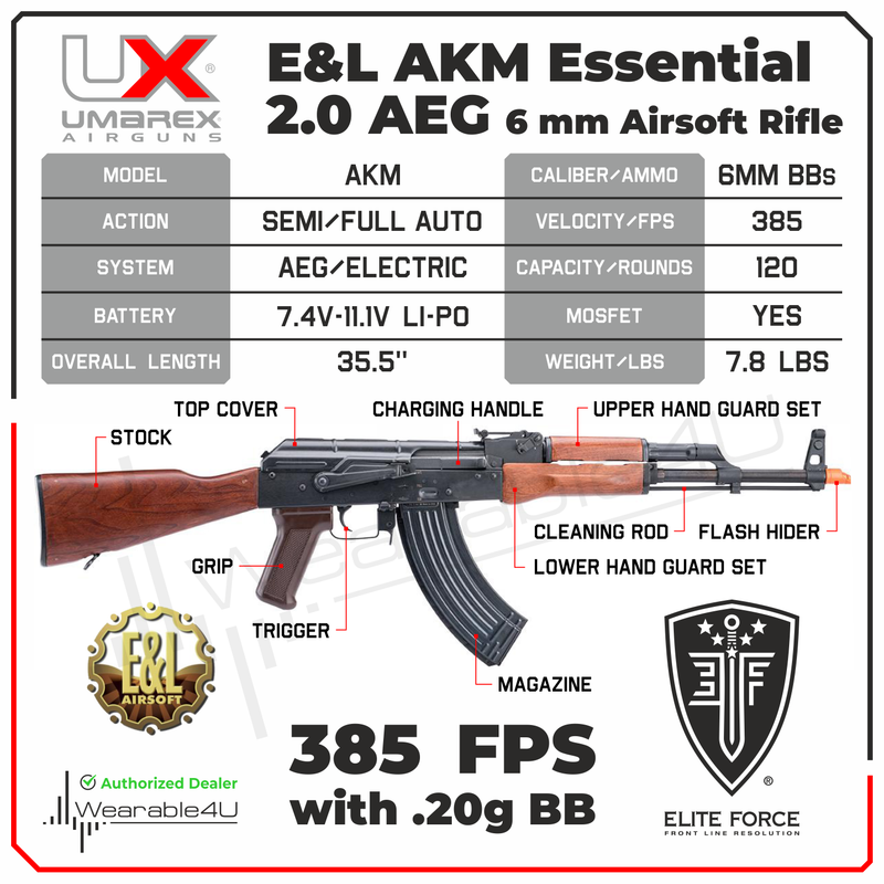 Umarex Elite Force E&L AKM Essential 2.0 AEG 6 mm Airsoft Rifle (2277000) w/ Battery & Charger & BBs Bundle