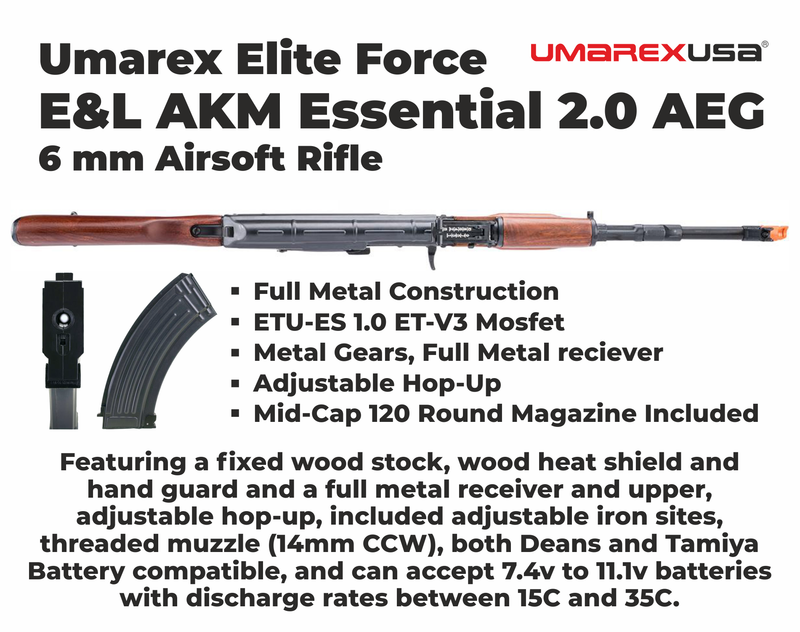 Umarex Elite Force E&L AKM Essential 2.0 AEG 6 mm Airsoft Rifle (2277000) w/ Battery & Charger & BBs Bundle