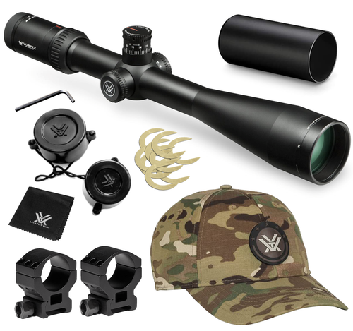 Vortex Optics Viper HSLR 6-24X50 XLR (MOA) Reticle First Focal Plane Riflescope, 30 mm Tube with Pro 30mm High Rings (1.18in) and Free Hat Bundle