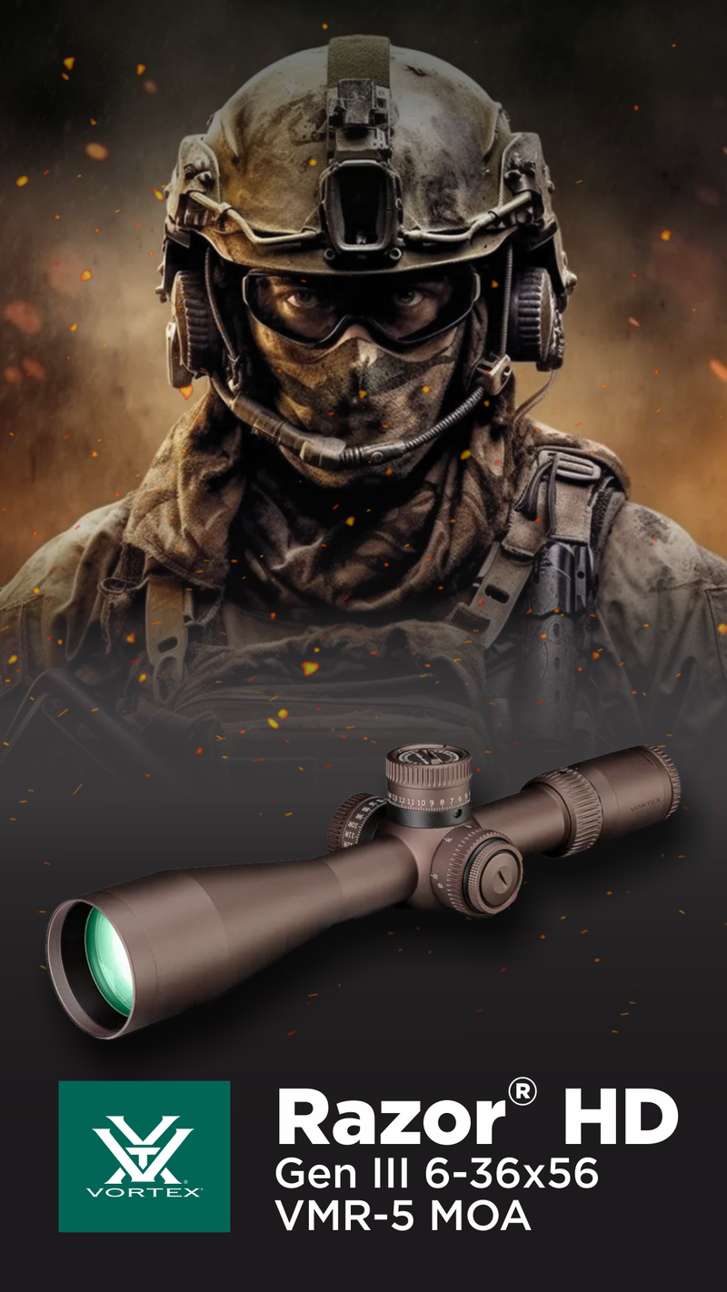 Vortex Razor HD Gen III First Focal Plane Riflescopes, Anodized Stealth, 6-36x56, VMR-5 MOA, RZR-63603