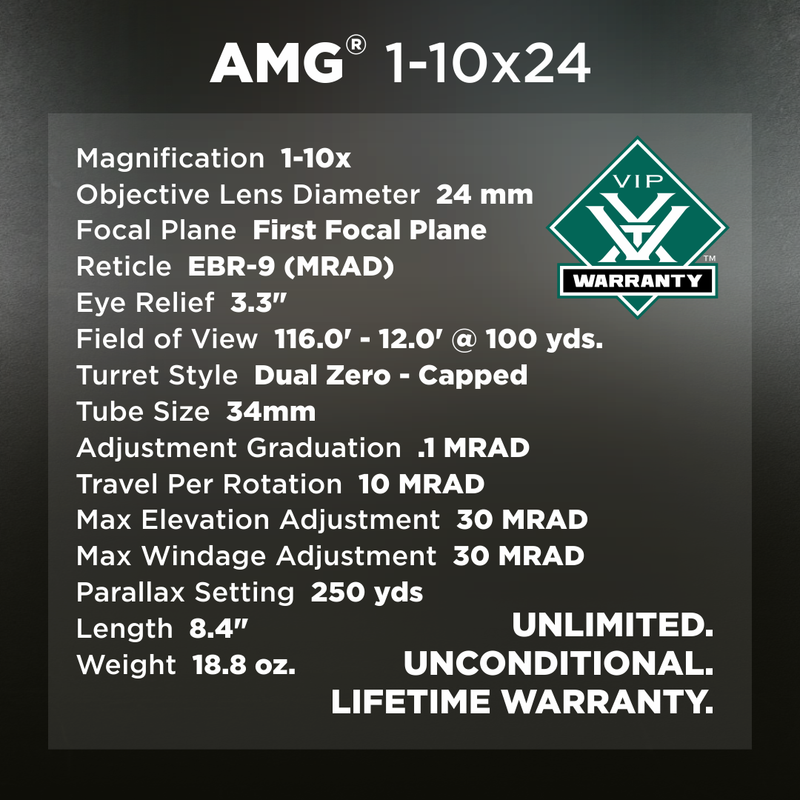 Vortex Optics AMG 1-10x24 FFP EBR-9 (MRAD) RETICLE 34mm Tube Riflescope (AMG-11002)
