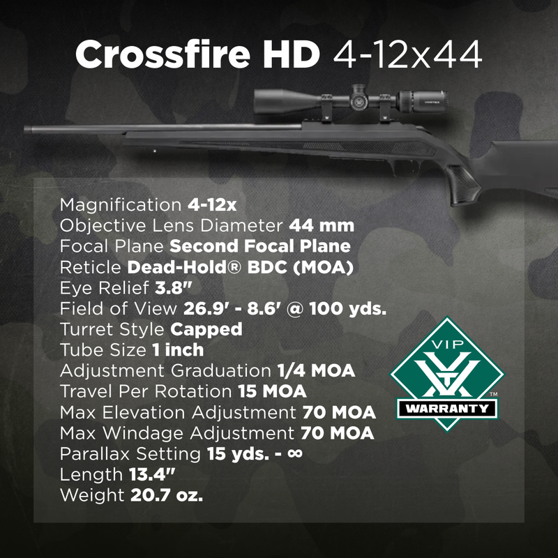 Vortex Optics Crossfire HD 4-12x44 Dead-Hold BDC (MOA) Reticle 1" Tube SFP Riflescope (CFR-41201)