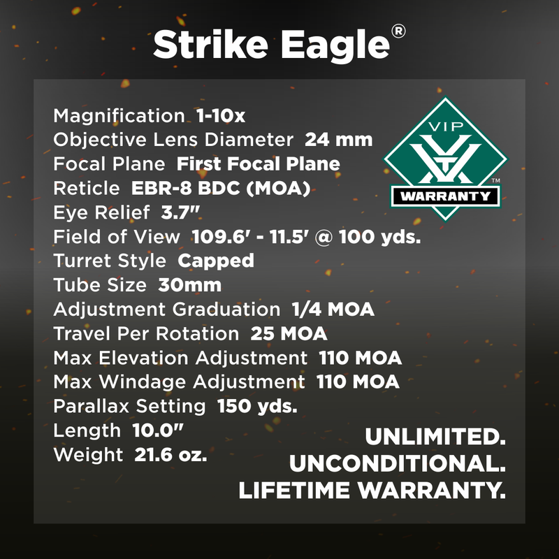 Vortex Optics Strike Eagle 1-10x24 FFP EBR-8 BDC (MOA) Reticle 30mm Tube Riflescope