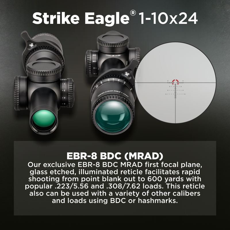 Vortex Optics Strike Eagle 1-10x24 FFP EBR-8 BDC (MRAD) Reticle 30mm Tube Riflescope